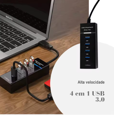 Extension Hub USB Port, 4 Ports, Velocidade Rig, Divisor, Alimentação do Adaptador, Cabo do Computador, Cabo, 4 em 1