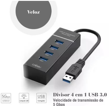 Extension Hub USB Port, 4 Ports, Velocidade Rig, Divisor, Alimentação do Adaptador, Cabo do Computador, Cabo, 4 em 1